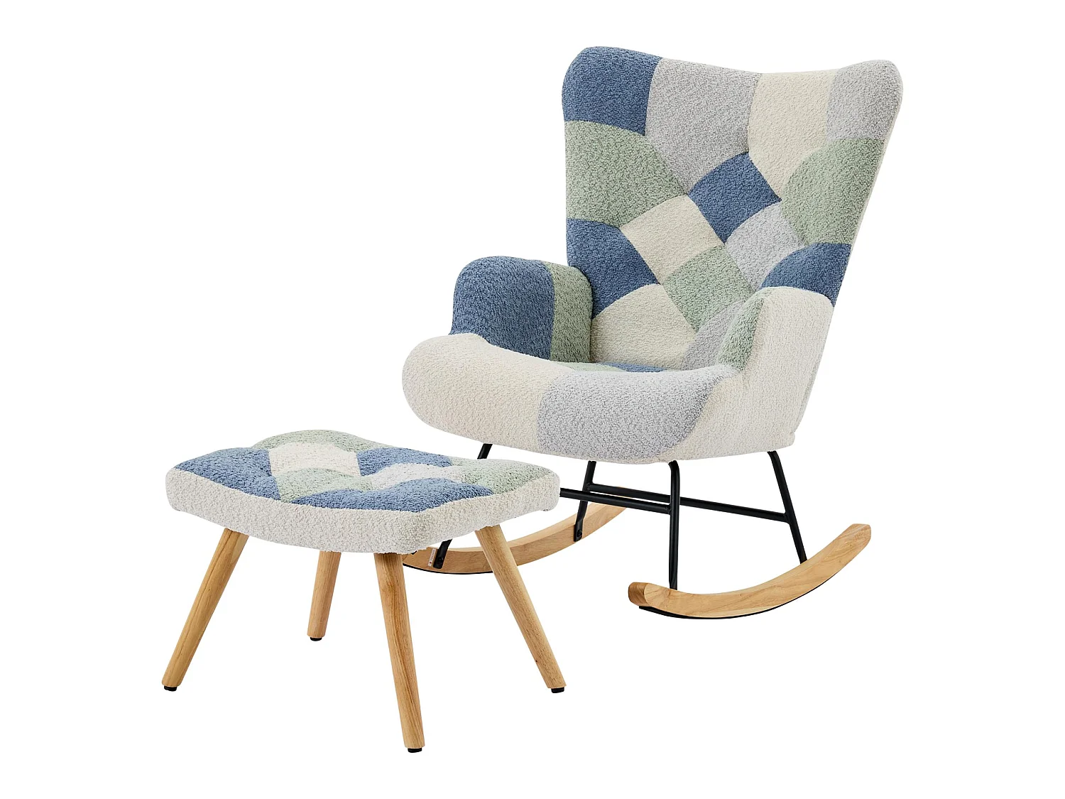 Chaise Longue à Balancier avec Repose-pieds, Fauteuil Moderne en Tissu Patchwork avec Housse en Pied-de-Poule, Charge maximale de 110 kg