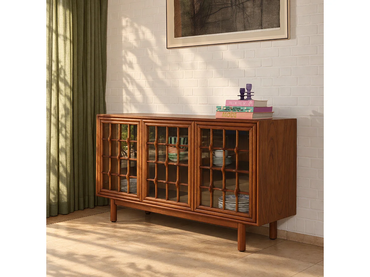 Bufé de madera Mindi marrón clásico y contemporáneo con 3 puertas y 2 estantes L155 ARMAND