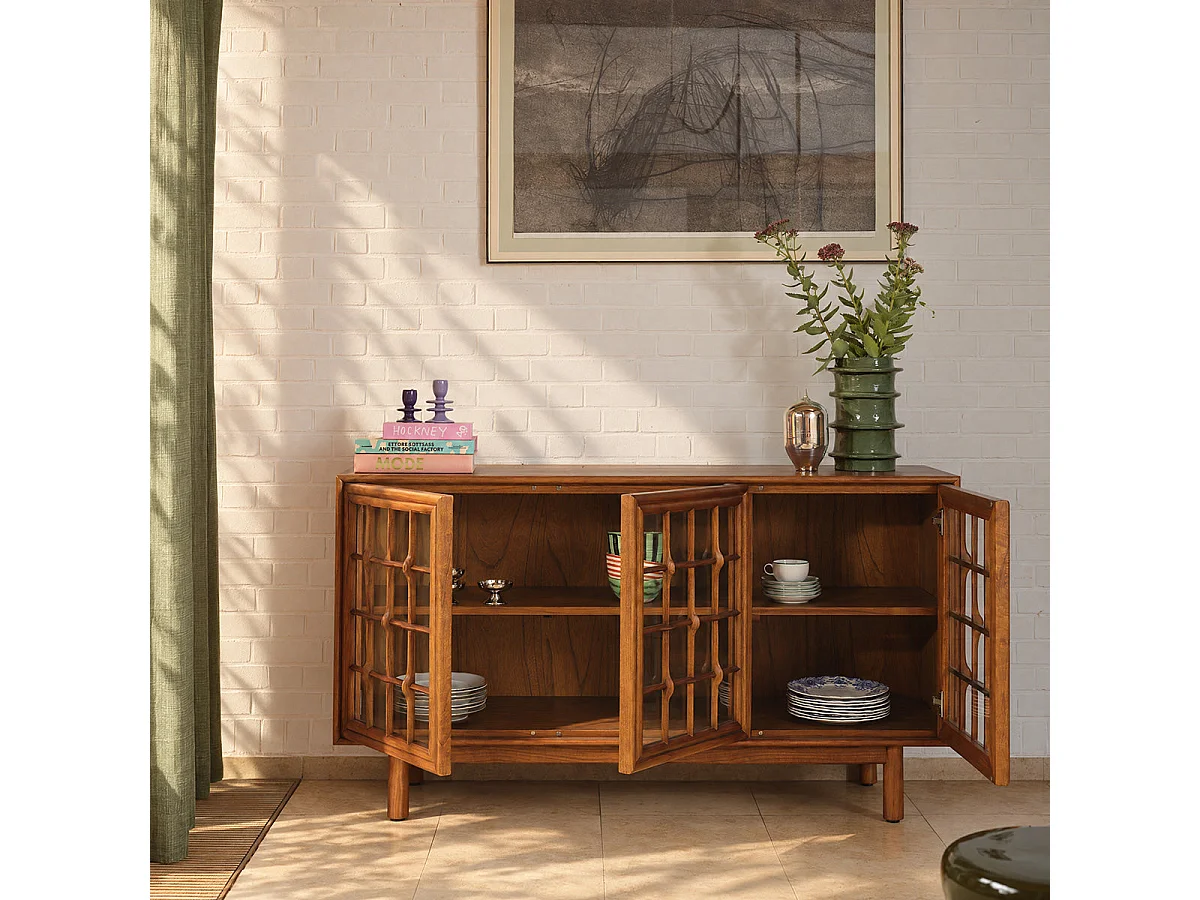 Bufé de madera Mindi marrón clásico y contemporáneo con 3 puertas y 2 estantes L155 ARMAND