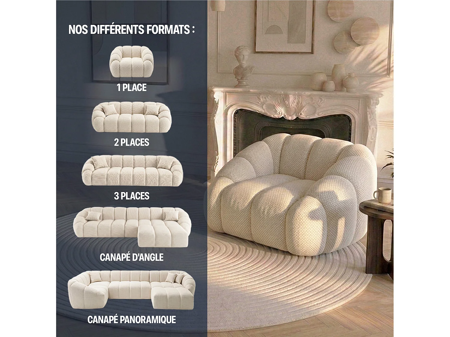 Canapé bulle angle gauche en tissu chenille et bois renforcé gris