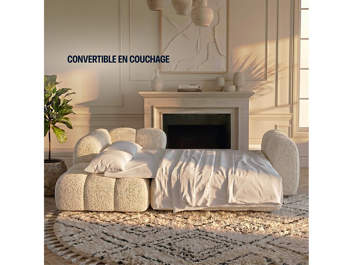 Canapé convertible angle droit en bouclette gris