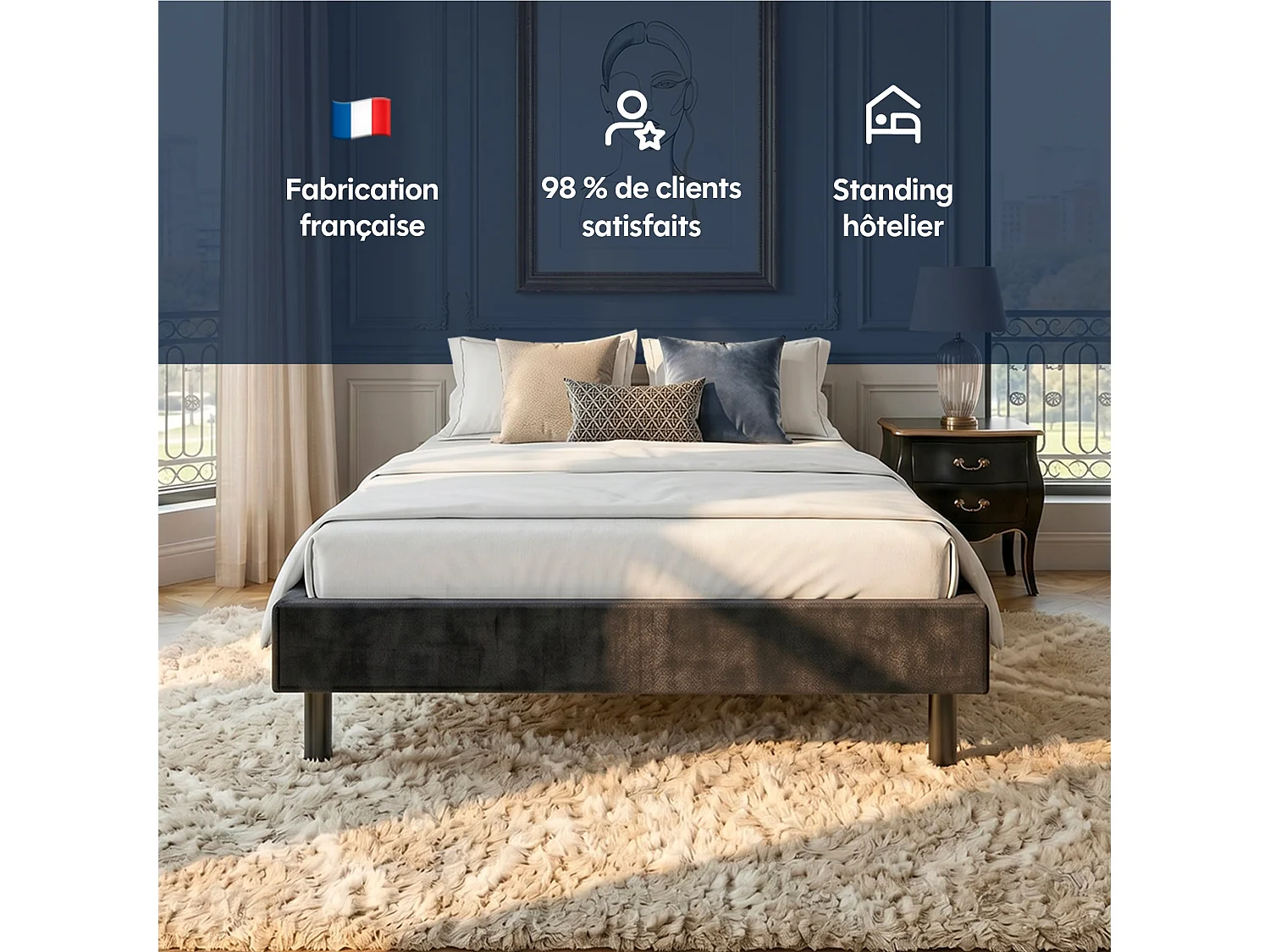Pack 160x200cm sommier tapissier noir et matelas hybride luxe 30cm