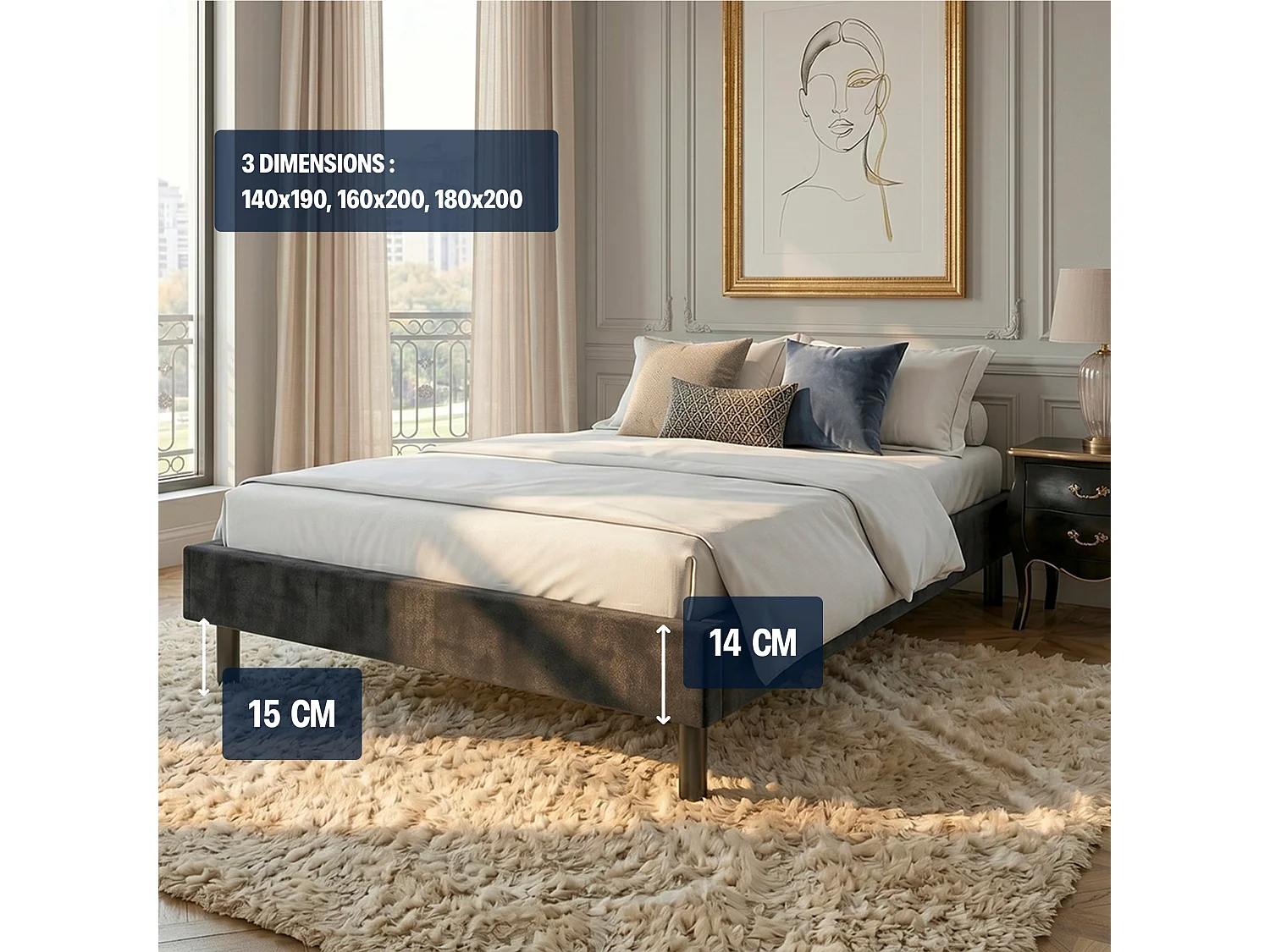 Pack 160x200cm sommier tapissier noir et matelas hybride luxe 30cm