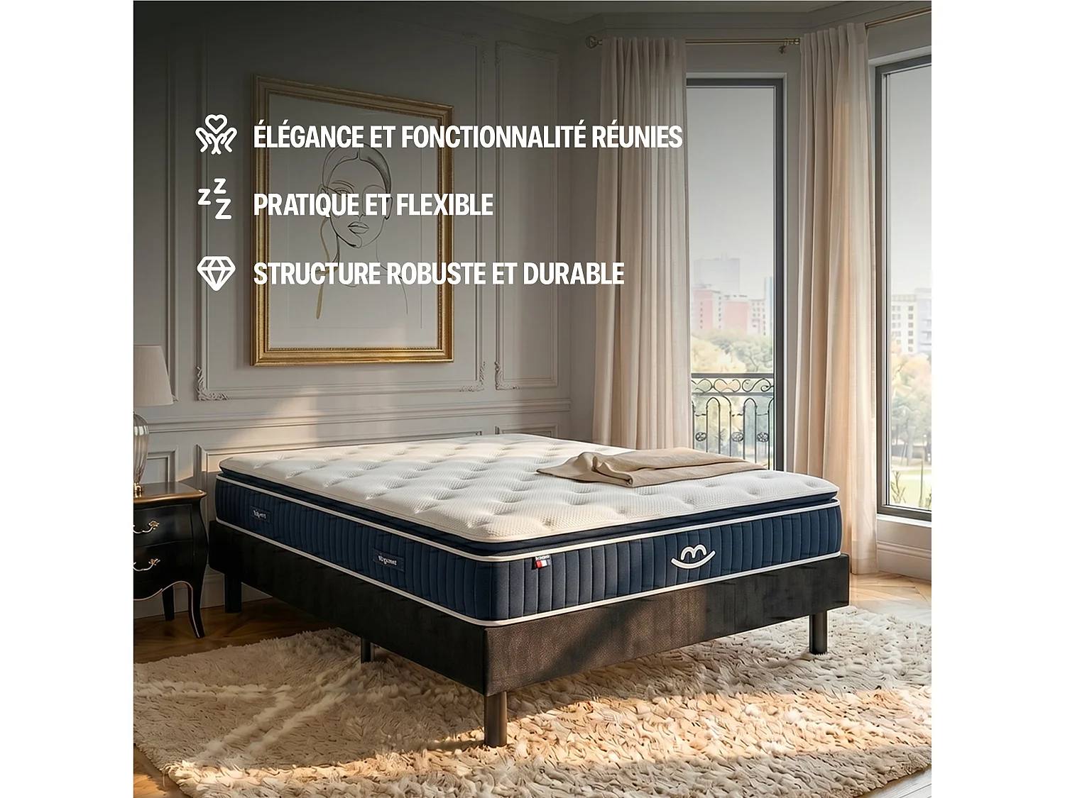 Pack 160x200cm sommier tapissier noir et matelas hybride luxe 30cm