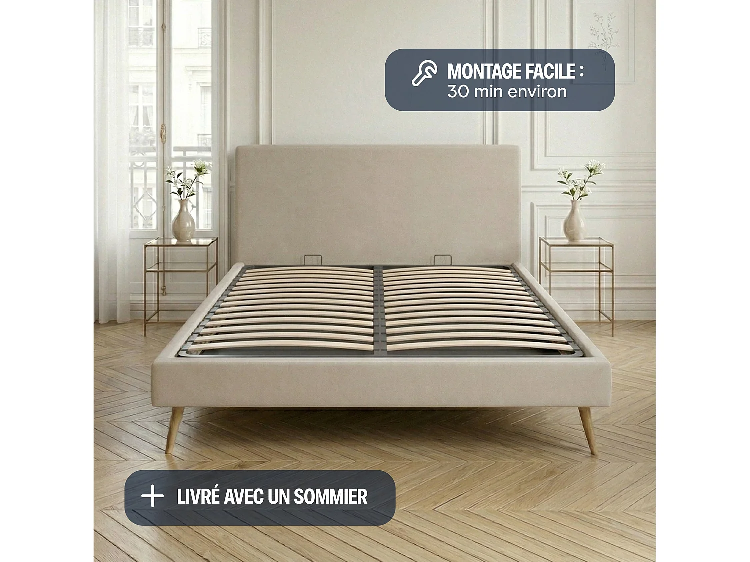 Lit sommier 180x200cm avec tête - beige en lin