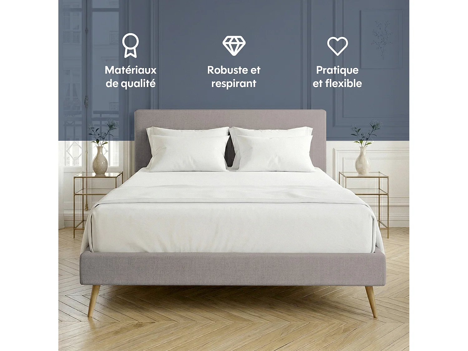Lit sommier 180x200cm avec tête - Gris Clair en lin