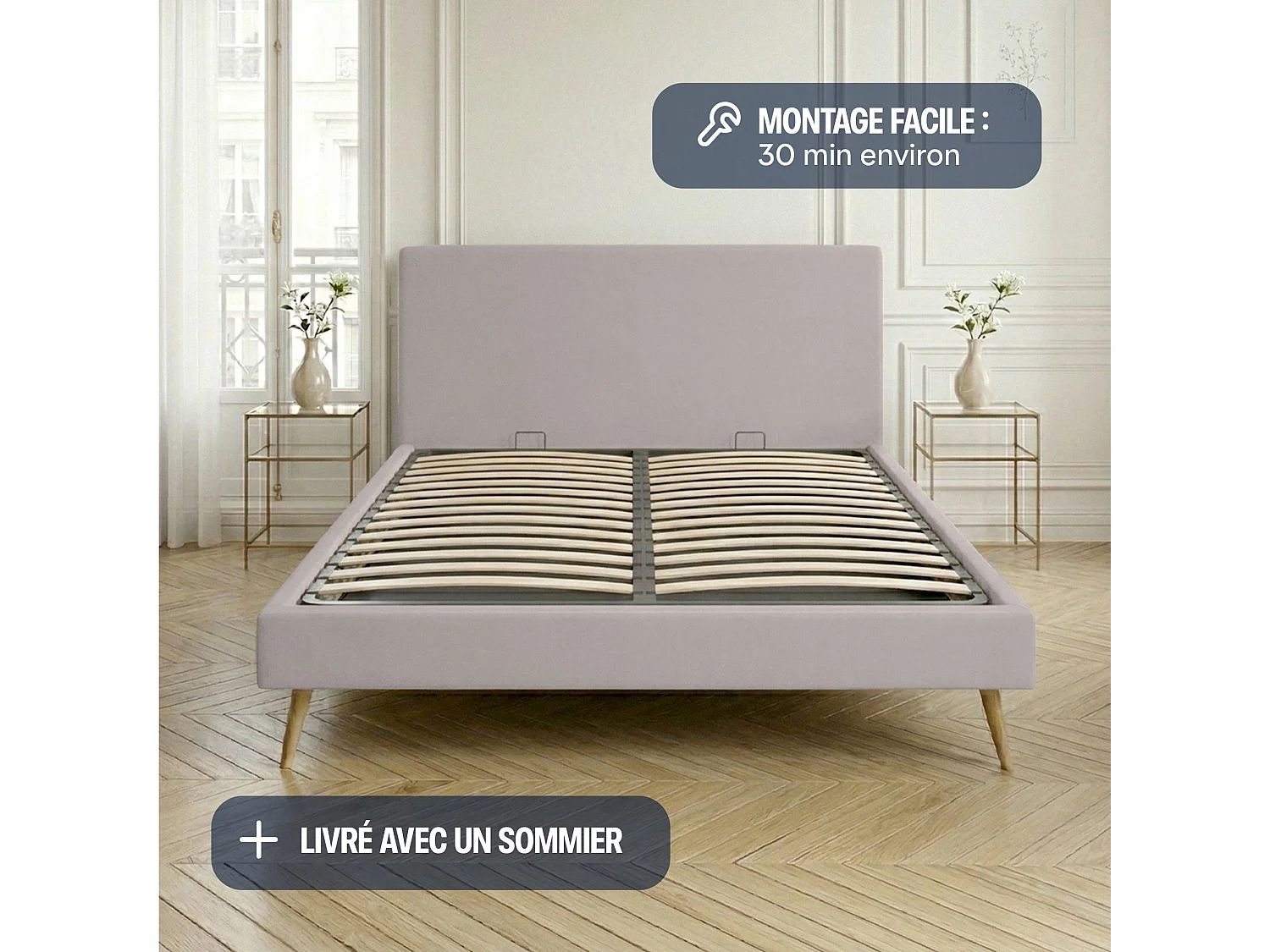 Lit sommier 180x200cm avec tête - Gris Clair en lin