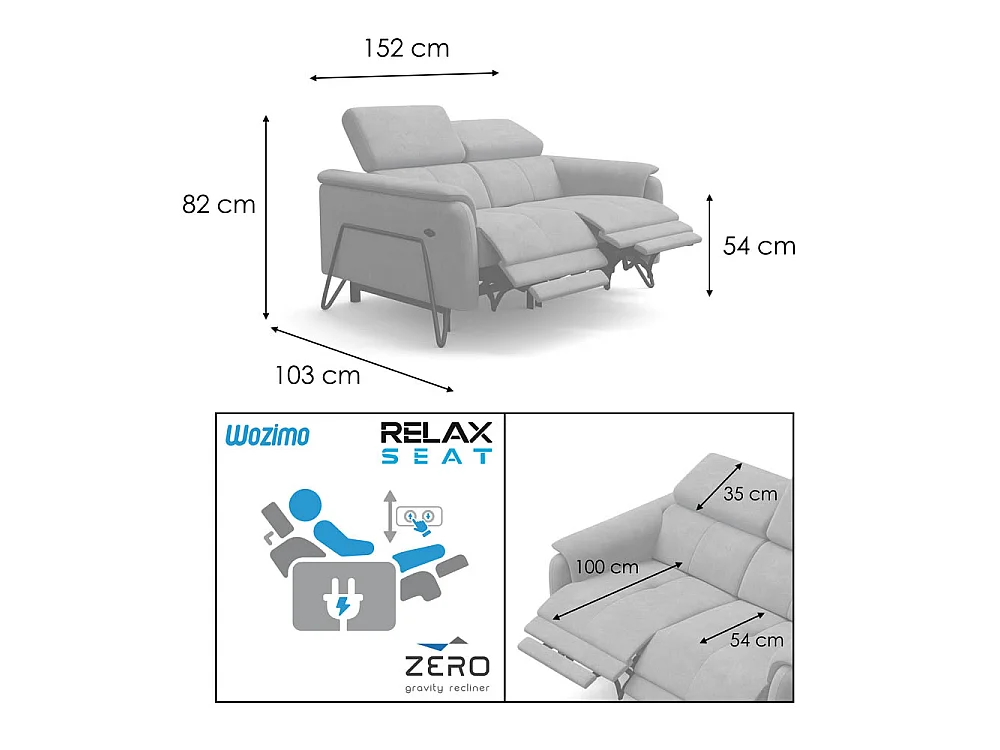 Relaxsofa 2-Sitzer RODEN, mit 2 Relax, creme Veloursstoff