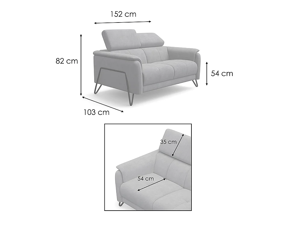 CANAPÉ RODEN 2 places, tissu velours gris clair