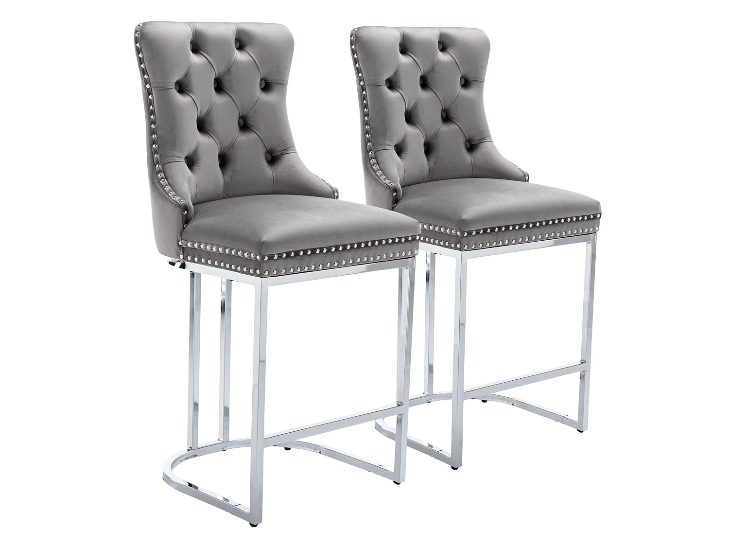 Lot de 2 tabourets de bar en velours avec capitonnage, piètement chromé et repose pieds