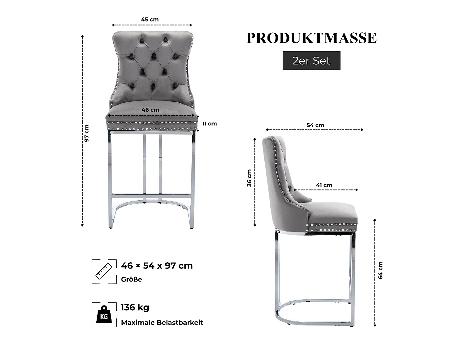 Lot de 2 tabourets de bar en velours avec capitonnage, piètement chromé et repose pieds