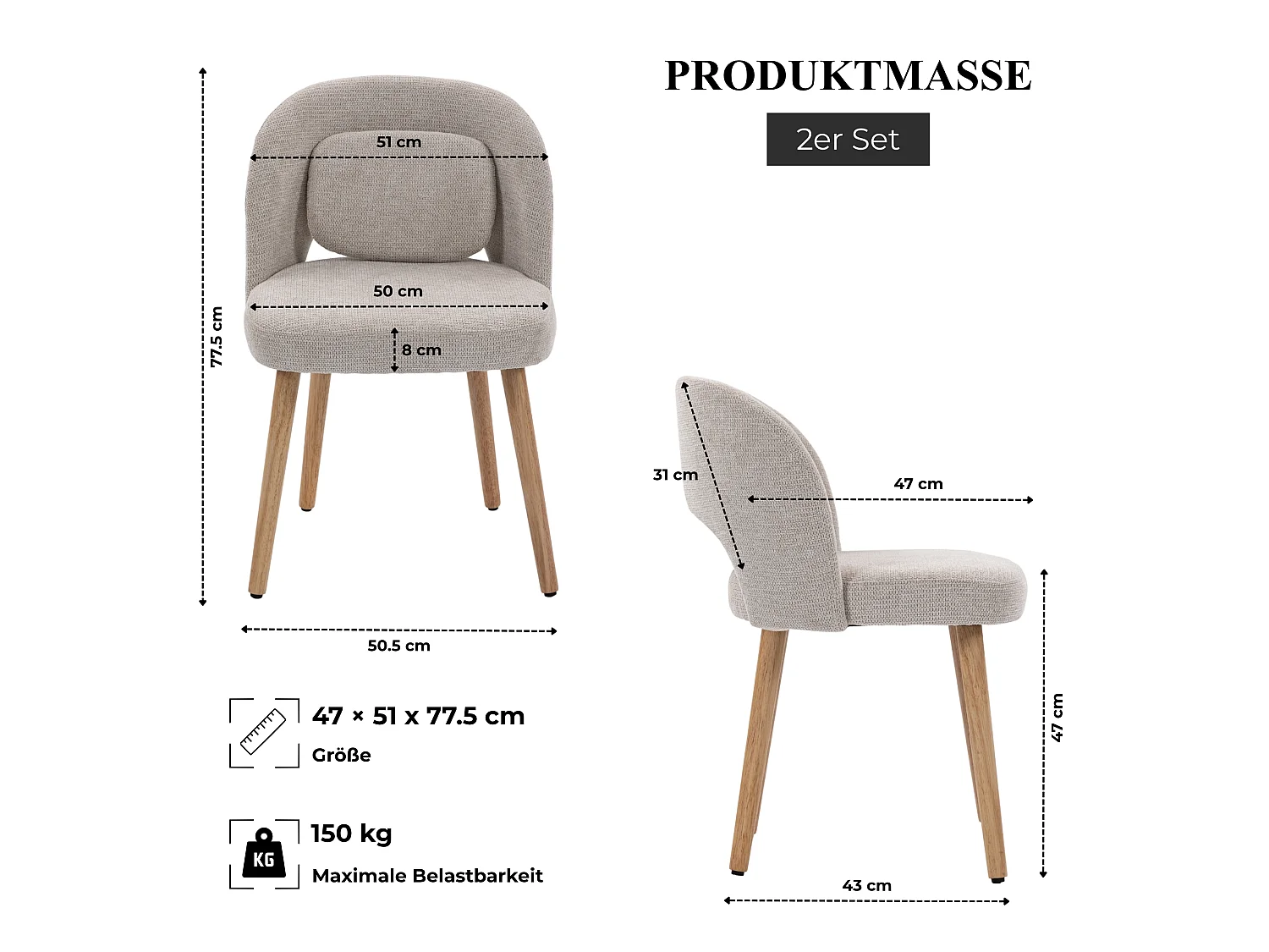 2er Set Stoff Esszimmerstühle mit Rundumlehne, Rückenkissen und Holzbeinen
