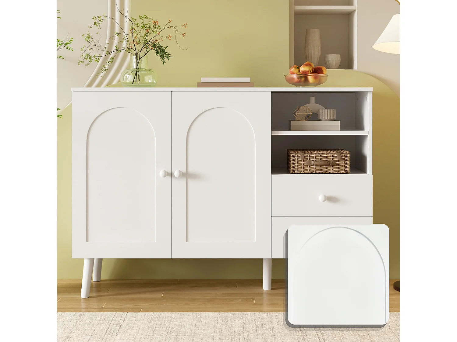 Buffet 118 cm avec 2 tiroirs, 2 portes, niches ouvertes et passe câbles