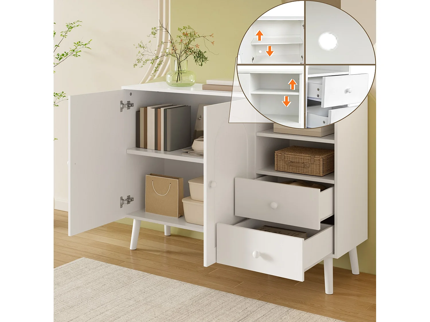 Buffet 118 cm avec 2 tiroirs, 2 portes, niches ouvertes et passe câbles