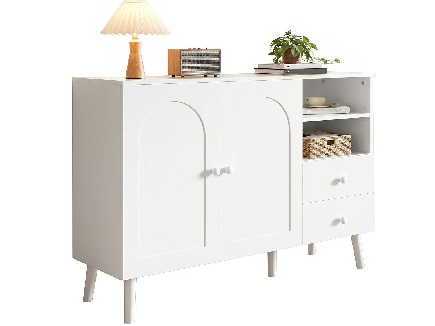 Buffet 118 cm avec 2 tiroirs, 2 portes, niches ouvertes et passe câbles