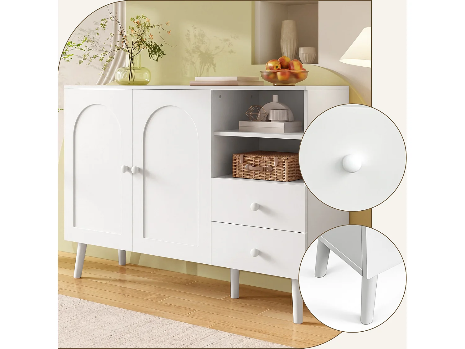 Buffet 118 cm avec 2 tiroirs, 2 portes, niches ouvertes et passe câbles
