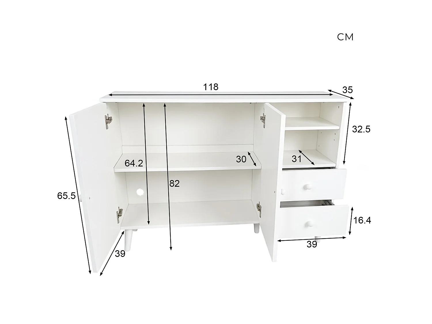 Buffet 118 cm avec 2 tiroirs, 2 portes, niches ouvertes et passe câbles