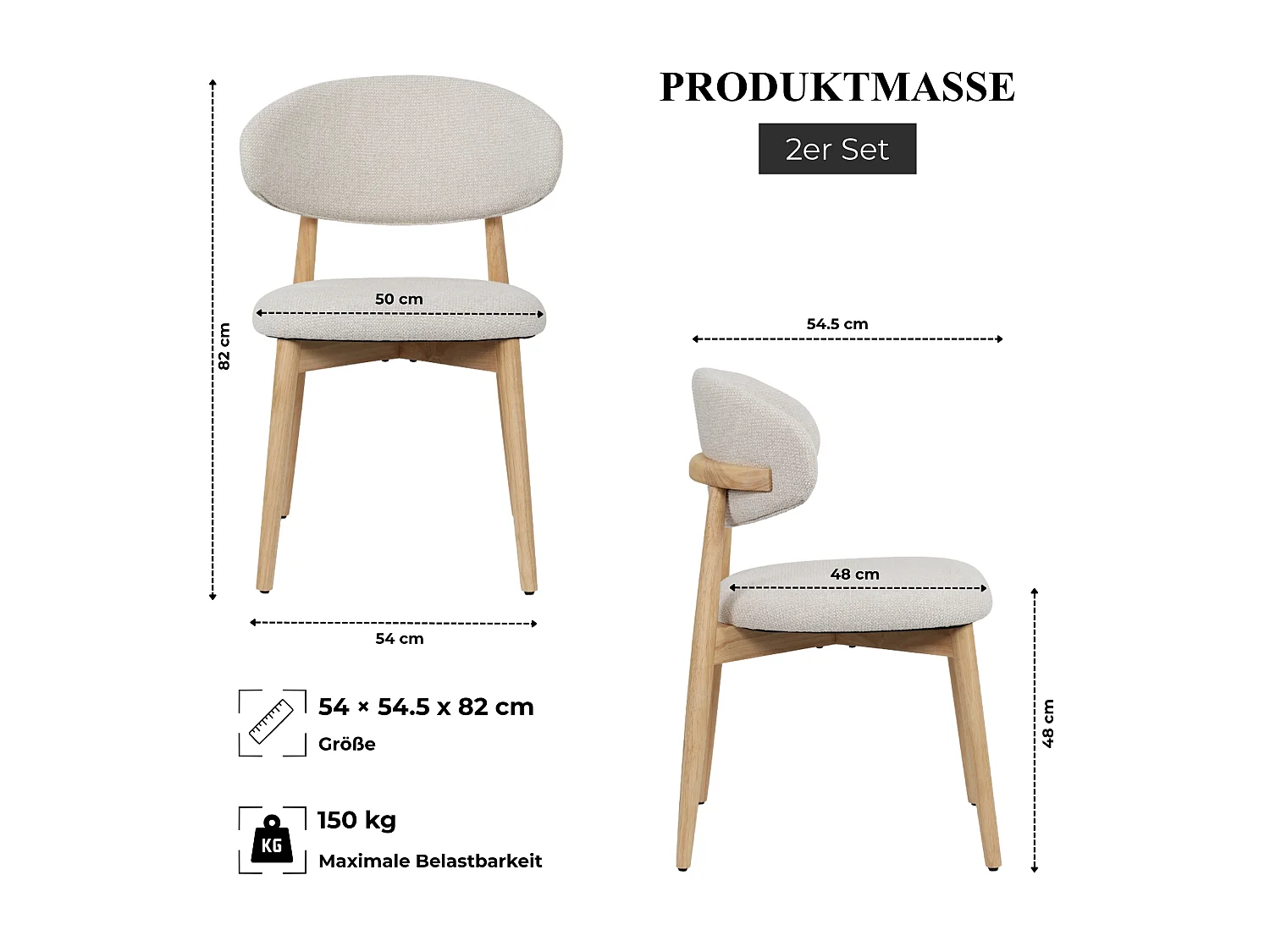 Set van 2 eetkamerstoelen van rubberhout met gestoffeerde rugleuning en verstelbare voeten