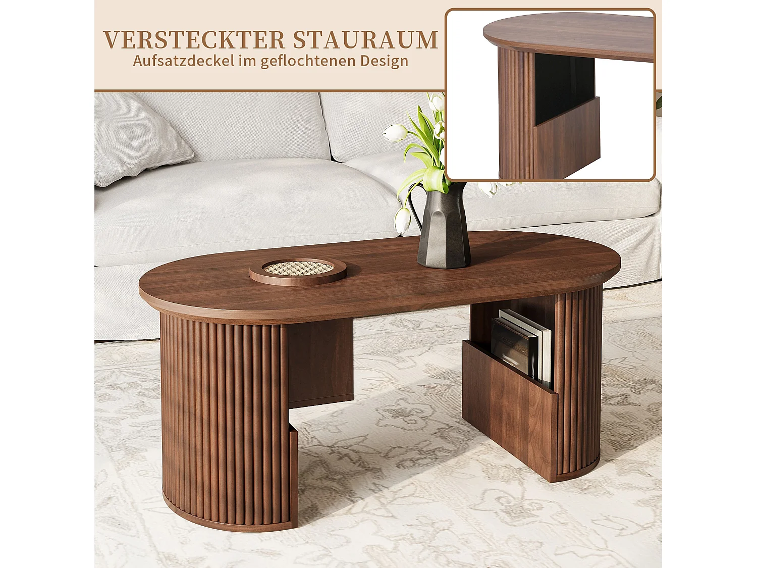 Ovaler Couchtisch mit verstecktem Stauraum, Zeitschriftenfächern und geriffelten Stützen