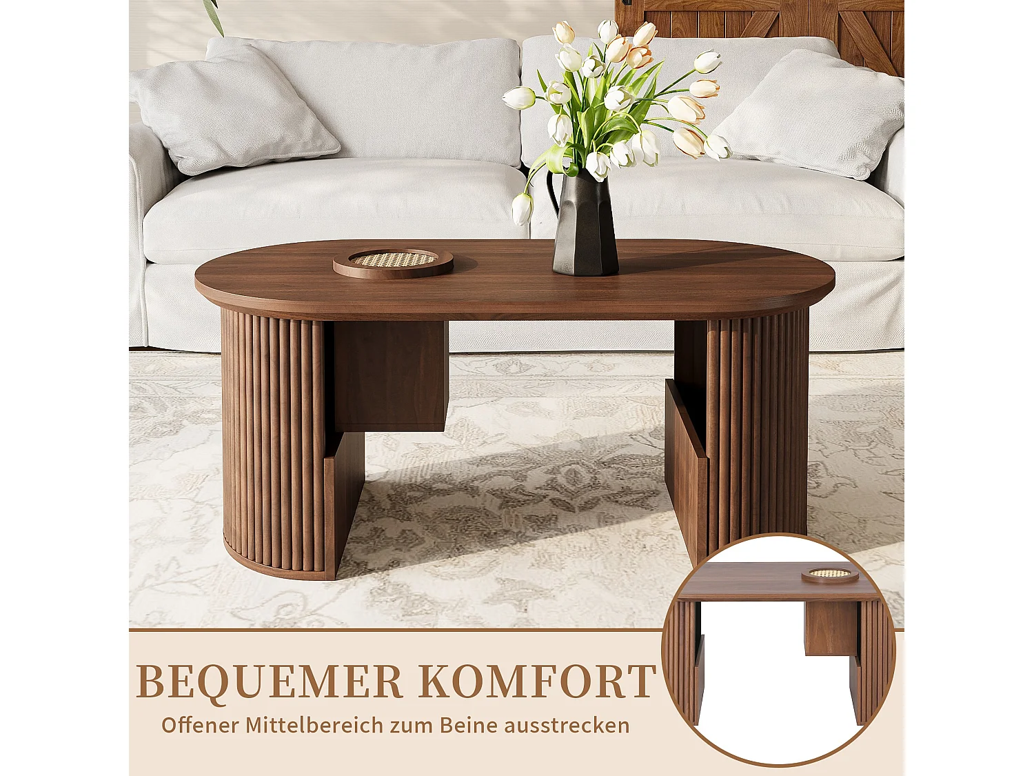 Ovaler Couchtisch mit verstecktem Stauraum, Zeitschriftenfächern und geriffelten Stützen