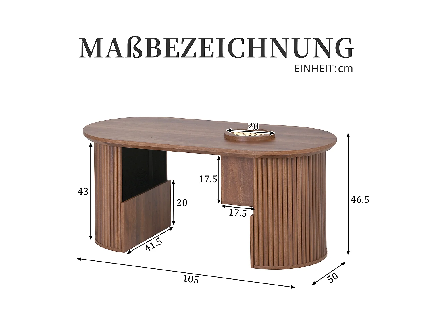 Ovaler Couchtisch mit verstecktem Stauraum, Zeitschriftenfächern und geriffelten Stützen