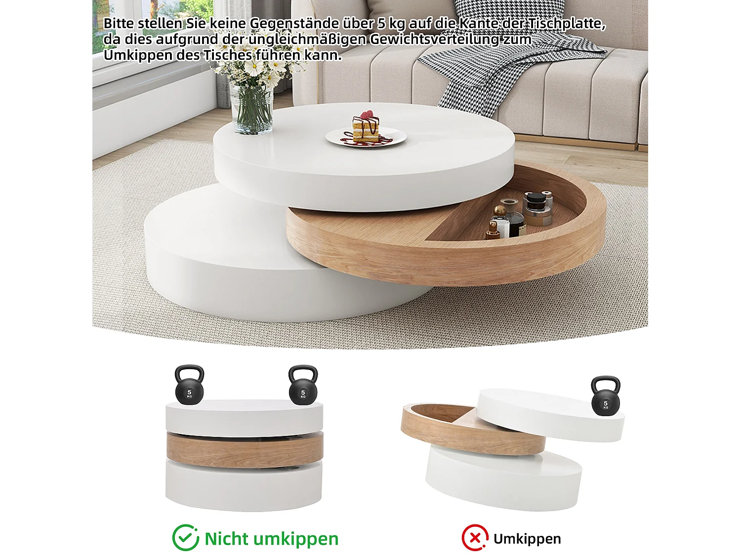 Ronde salontafel met draaibaar uitschuifbaar blad en verborgen opbergruimte