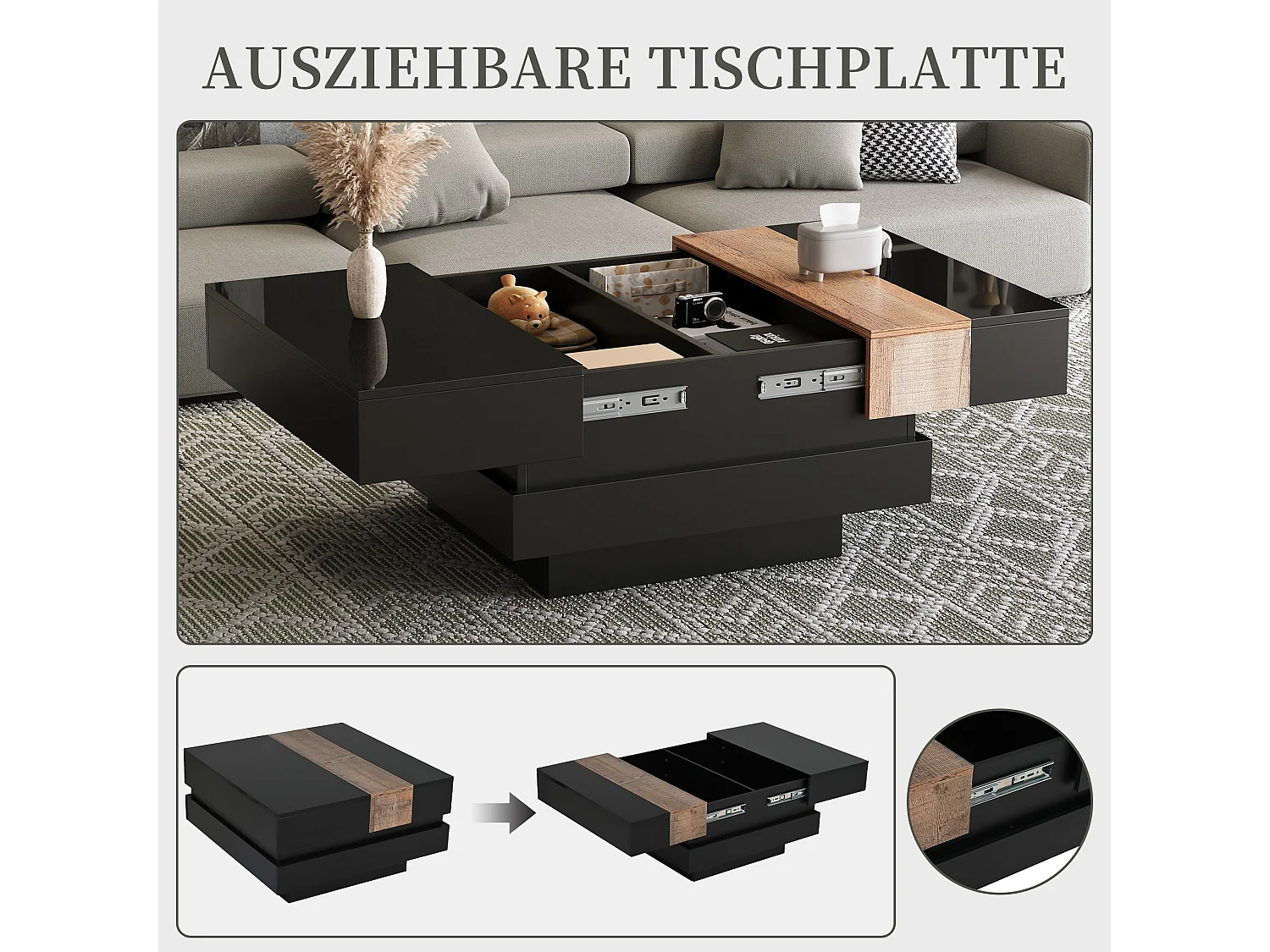 Table basse carrée avec plateau coulissant et rangement caché