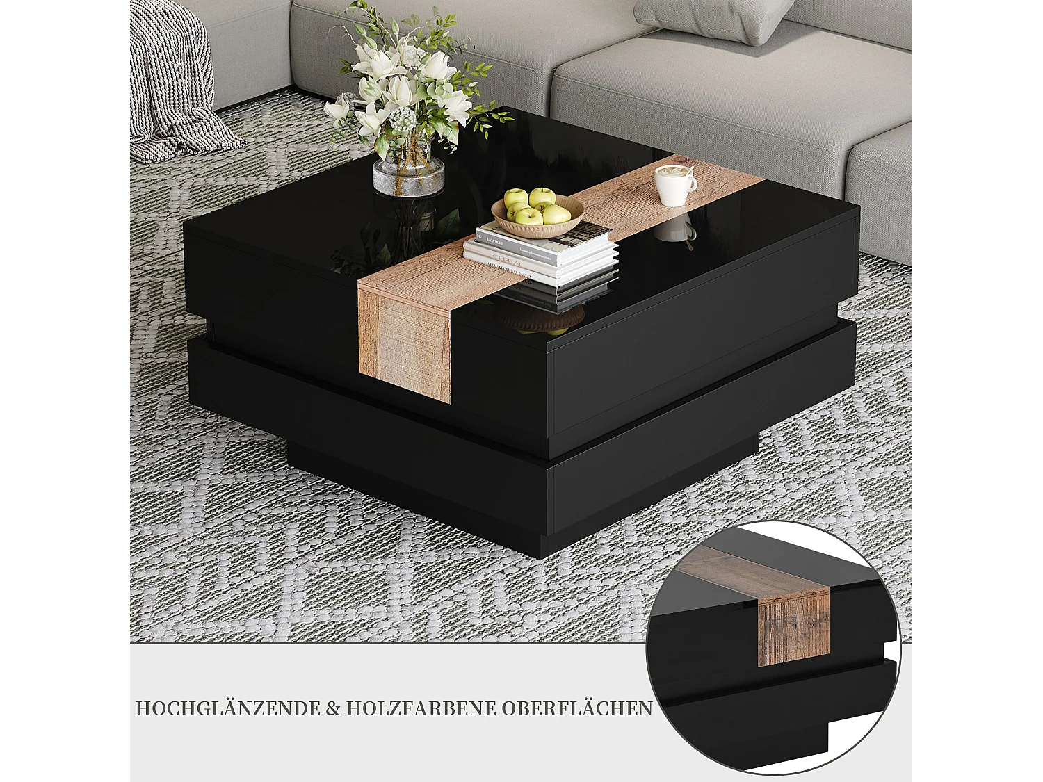 Table basse carrée avec plateau coulissant et rangement caché