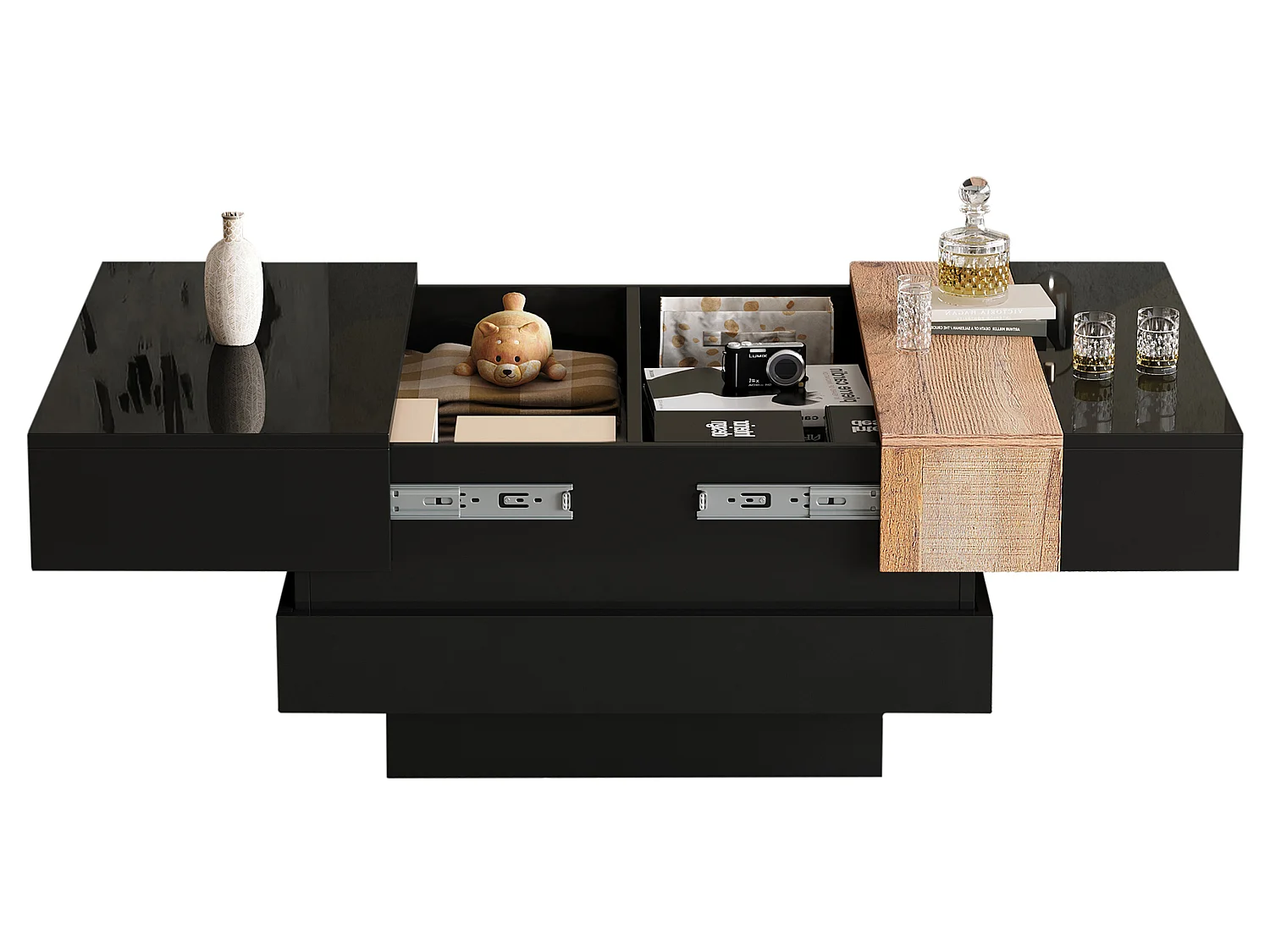 Table basse carrée avec plateau coulissant et rangement caché