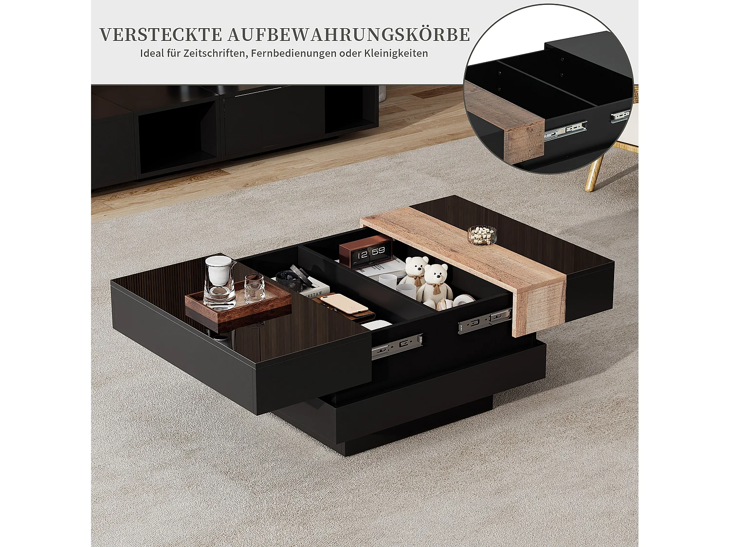 Table basse carrée avec plateau coulissant et rangement caché