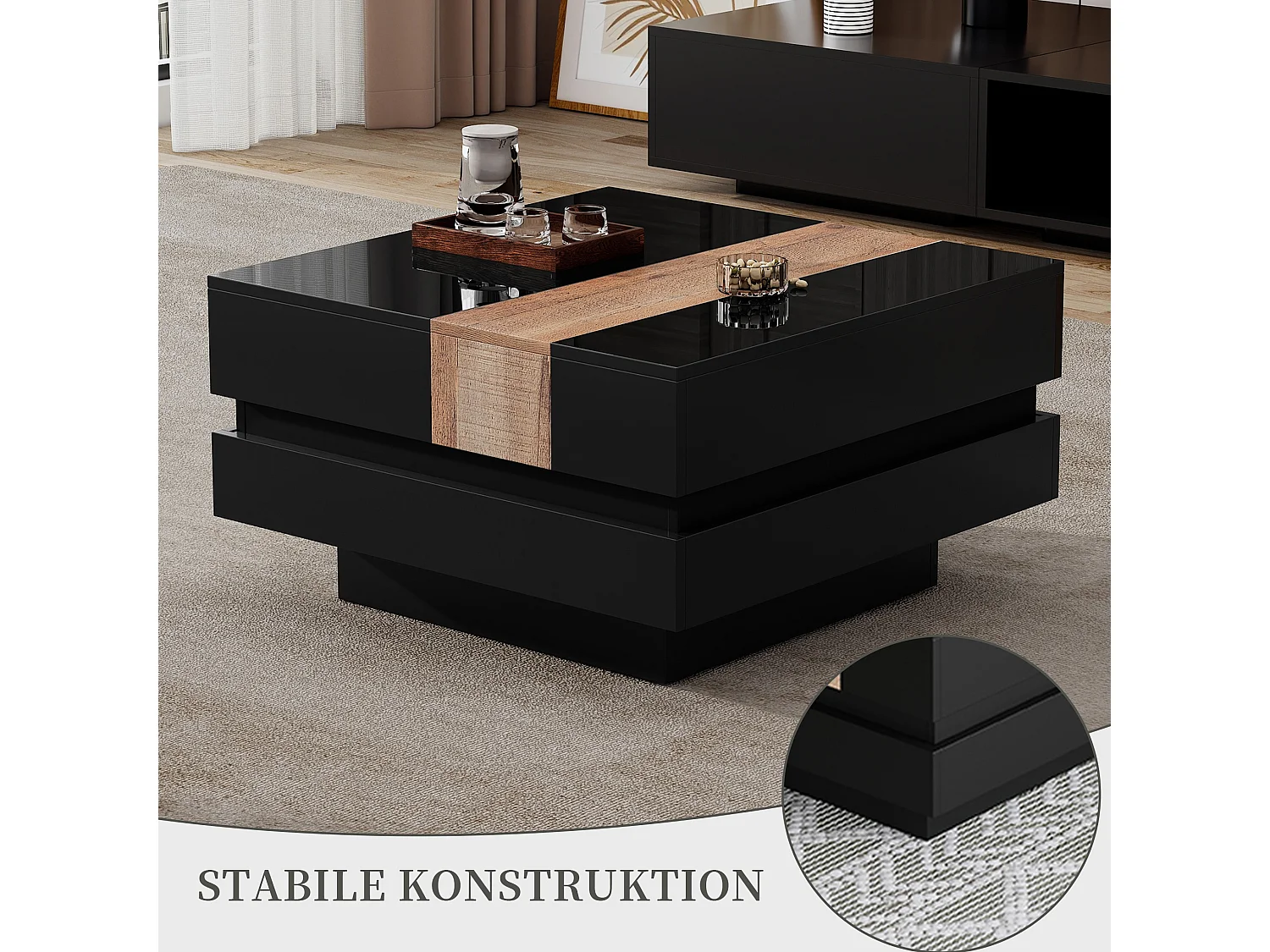 Table basse carrée avec plateau coulissant et rangement caché