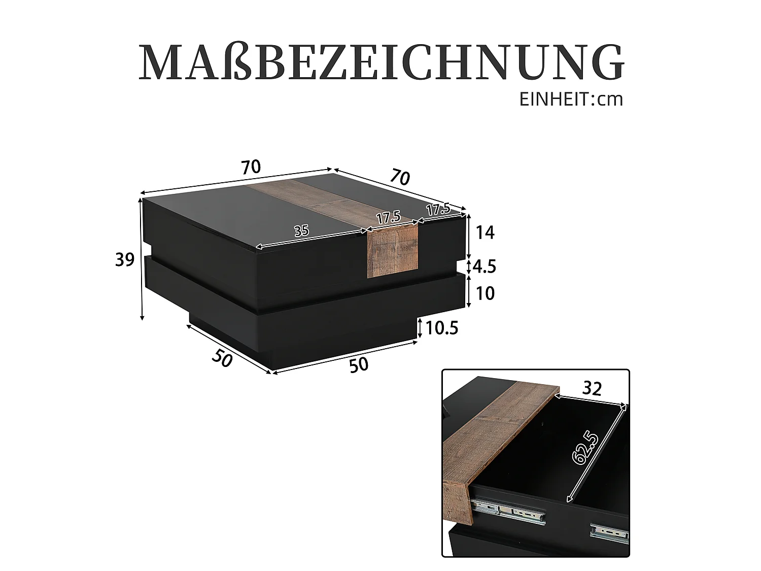 Table basse carrée avec plateau coulissant et rangement caché