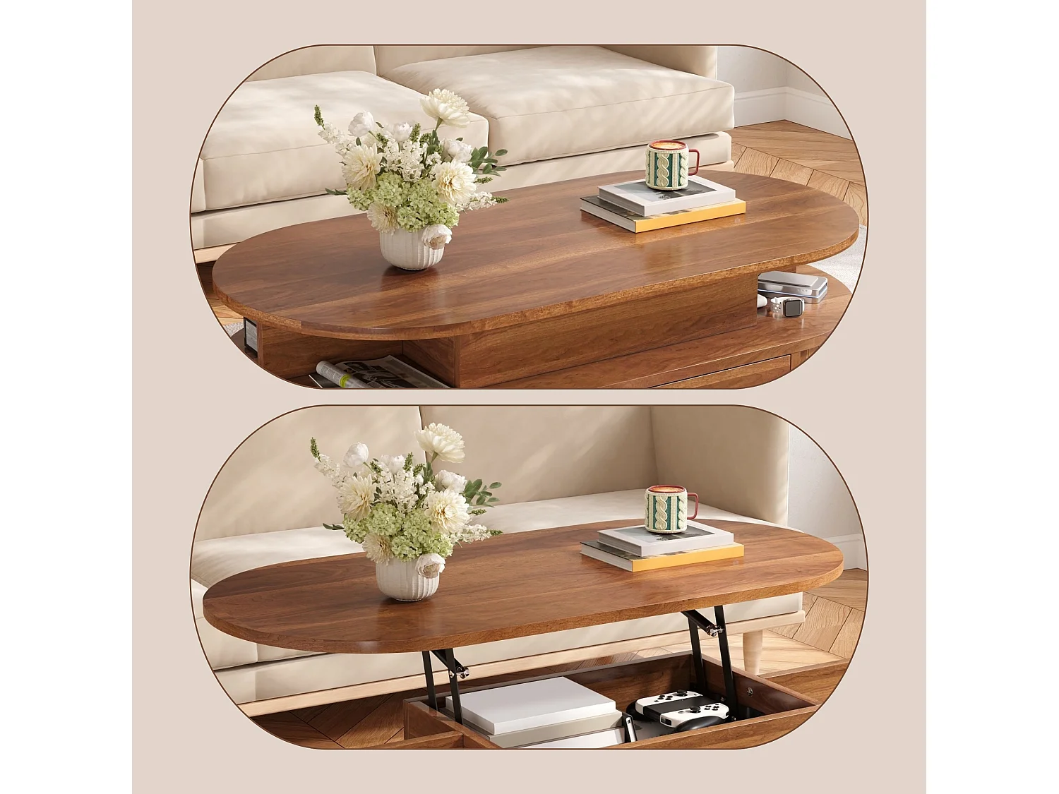Salontafel met hefbaar blad, opbergruimte, lade en schuifdeuren