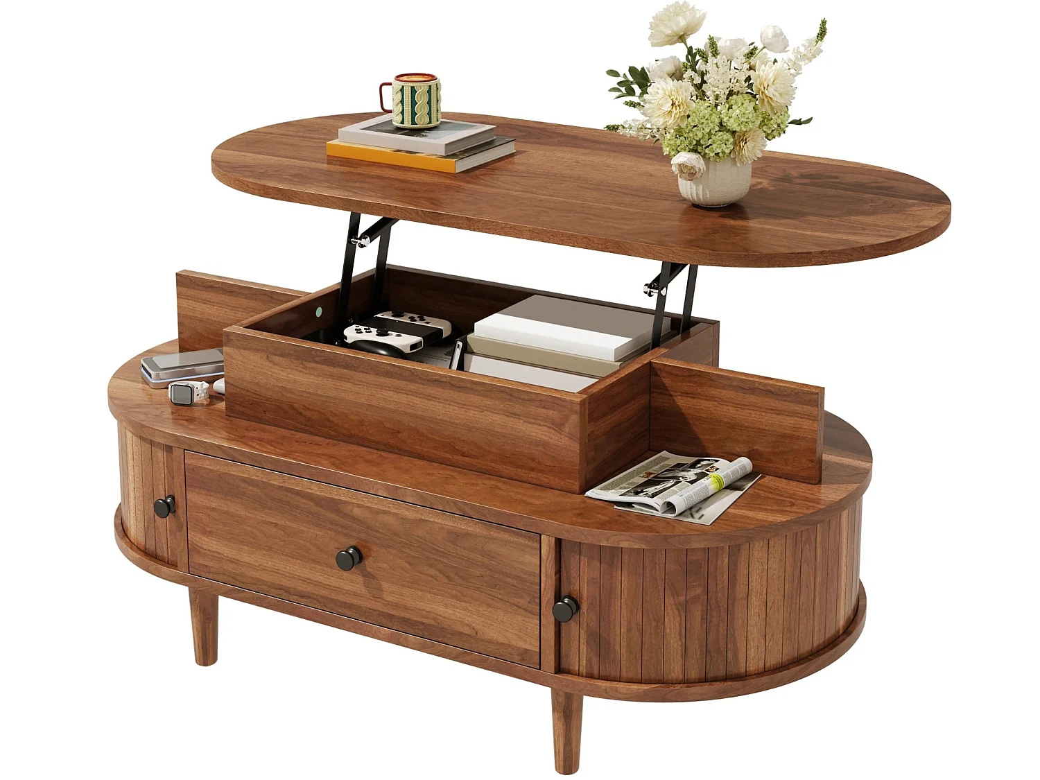 Salontafel met hefbaar blad, opbergruimte, lade en schuifdeuren