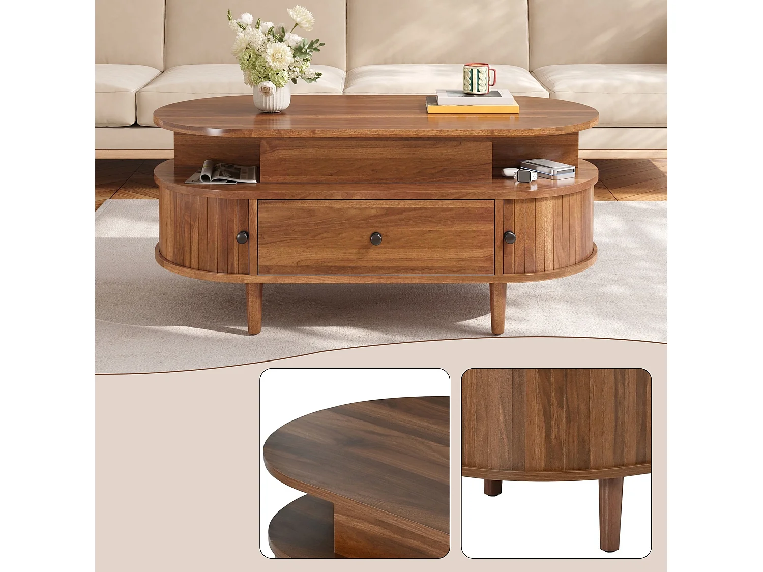 Salontafel met hefbaar blad, opbergruimte, lade en schuifdeuren