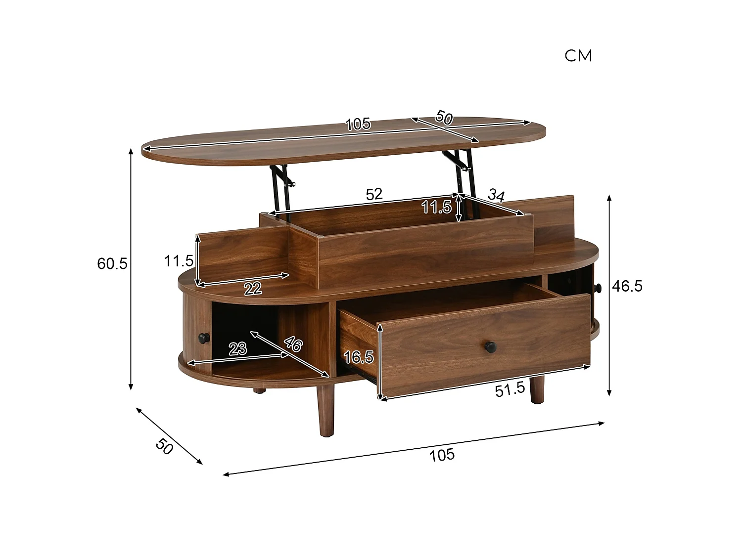 Salontafel met hefbaar blad, opbergruimte, lade en schuifdeuren