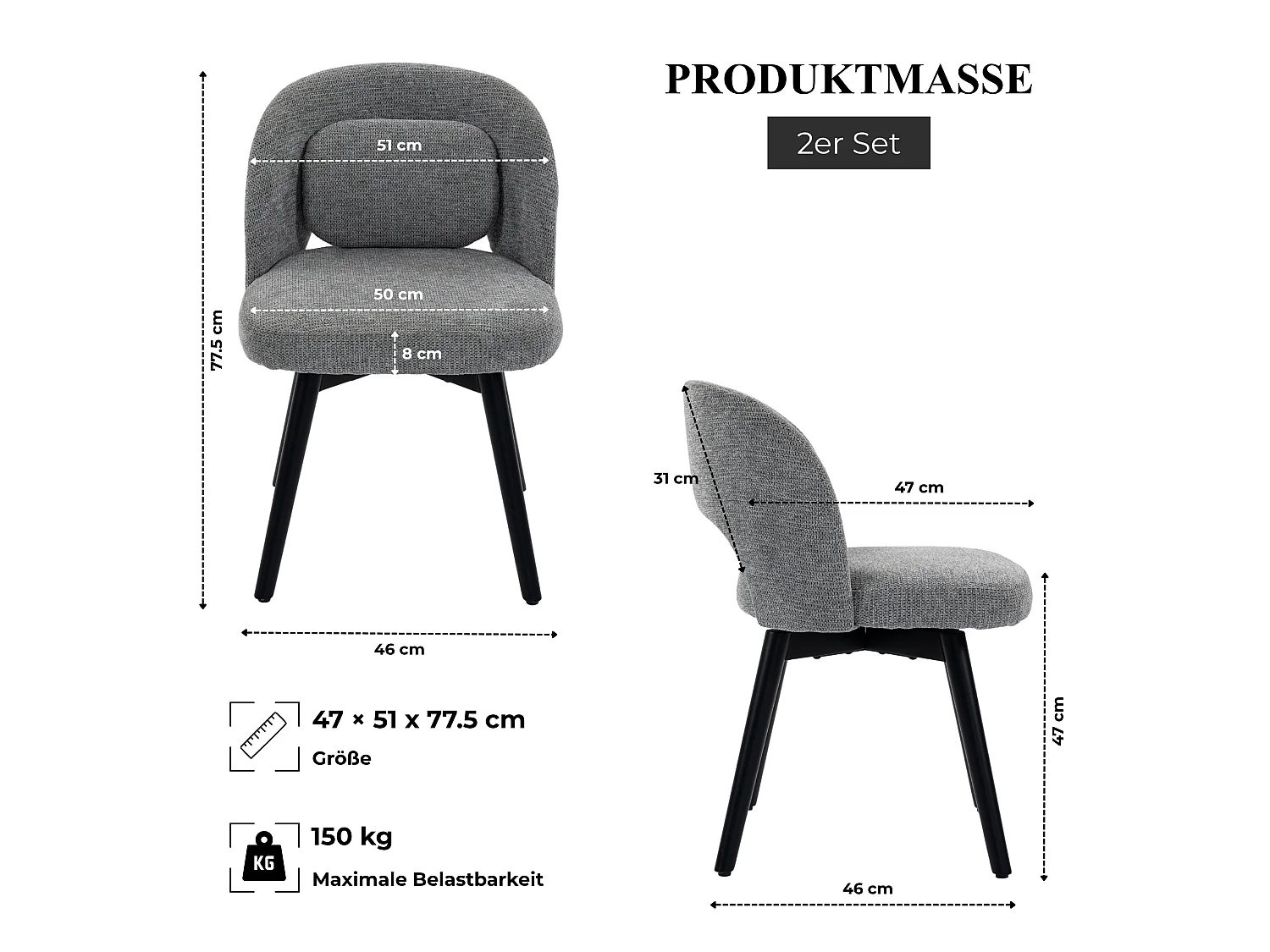 Lot de 2 chaises de salle à manger pivotantes à 360°, chenille et pieds en bois