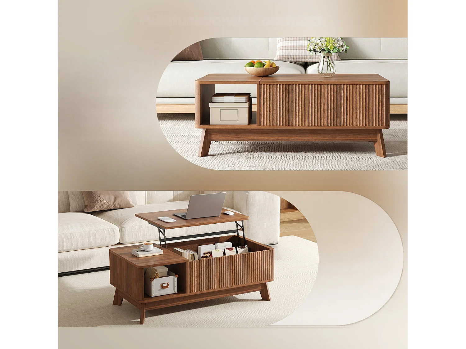 Table basse relevable jusqu’à 50 cm avec rangement caché et niche ouverte