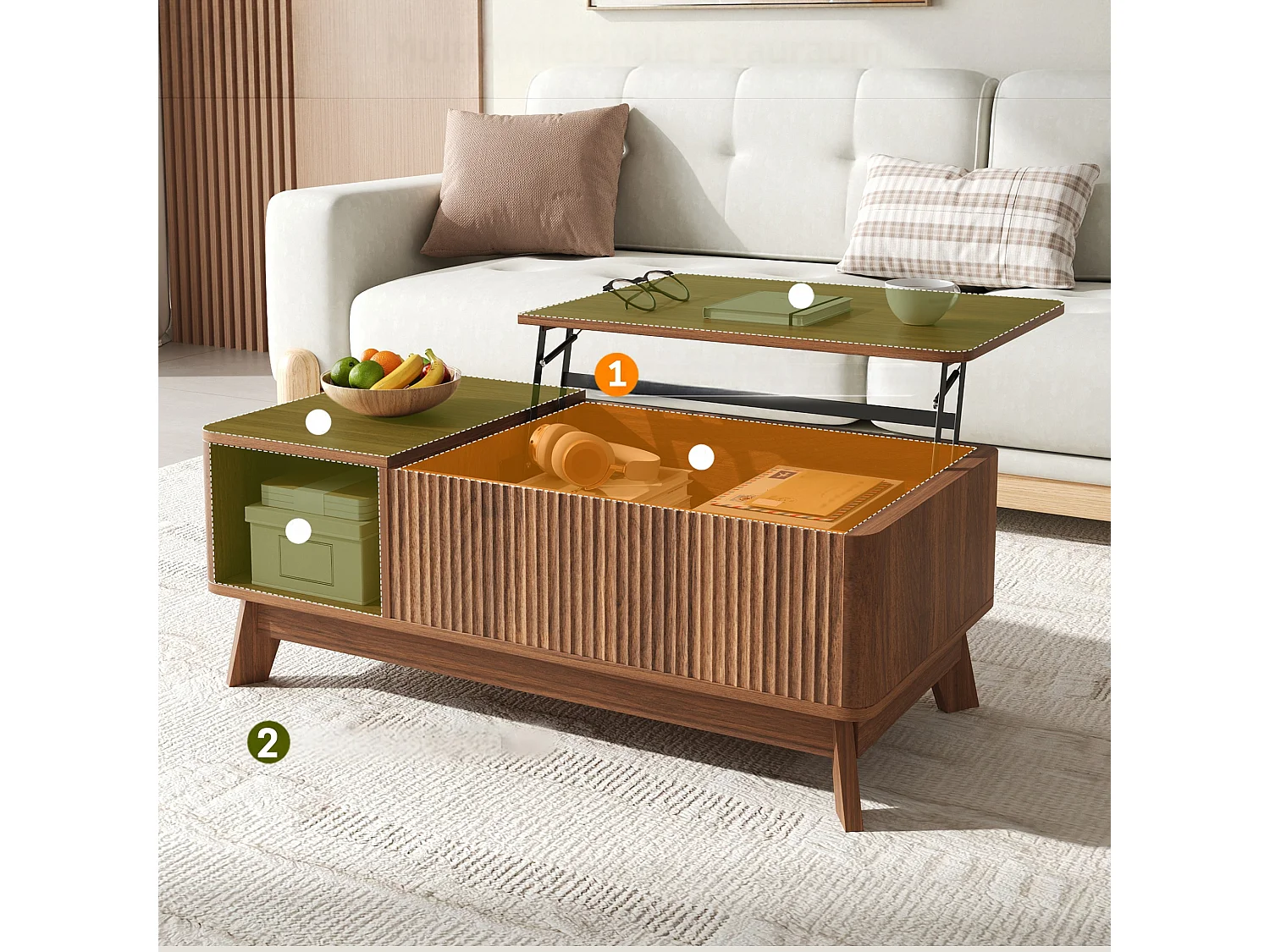 Table basse relevable jusqu’à 50 cm avec rangement caché et niche ouverte