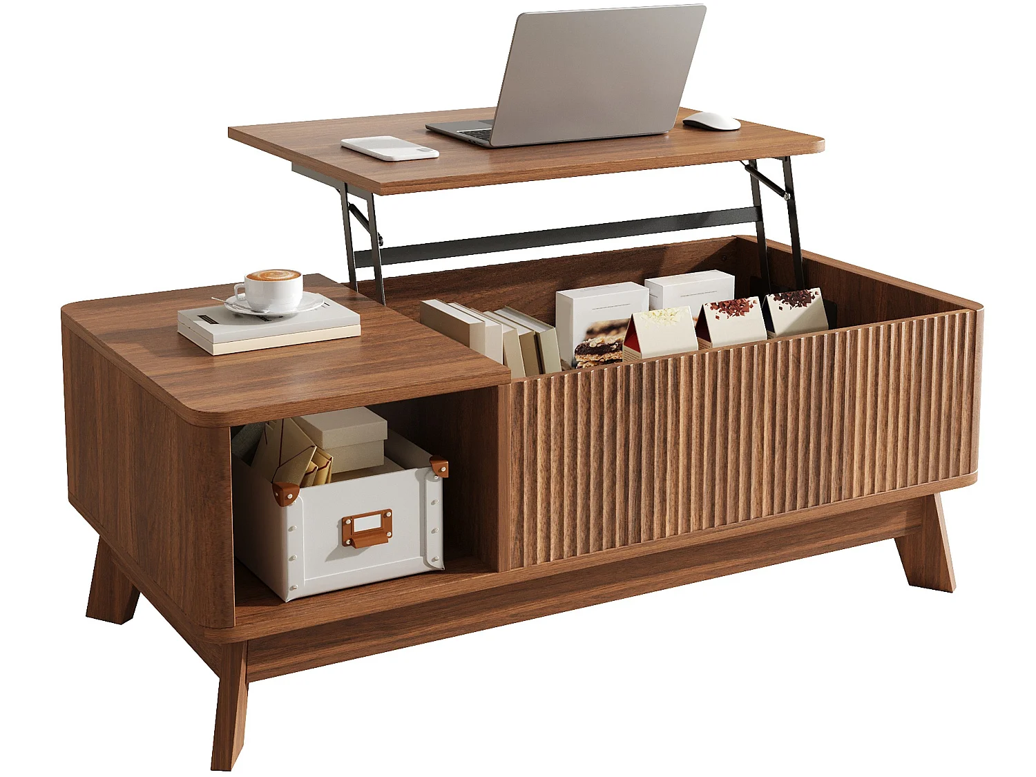 Table basse relevable jusqu’à 50 cm avec rangement caché et niche ouverte