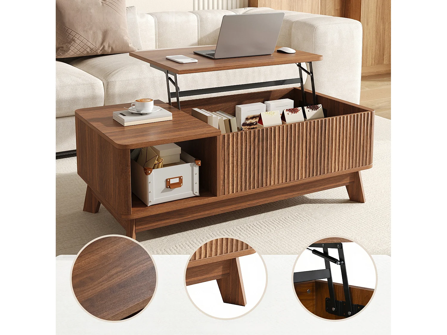 Table basse relevable jusqu’à 50 cm avec rangement caché et niche ouverte