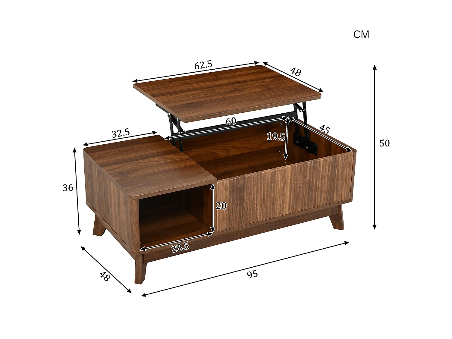 Table basse relevable jusqu’à 50 cm avec rangement caché et niche ouverte