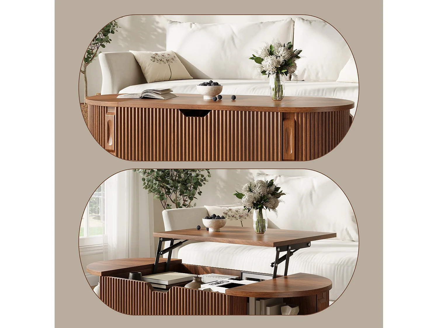 Table basse ovale relevable avec rangement et 2 portes coulissantes