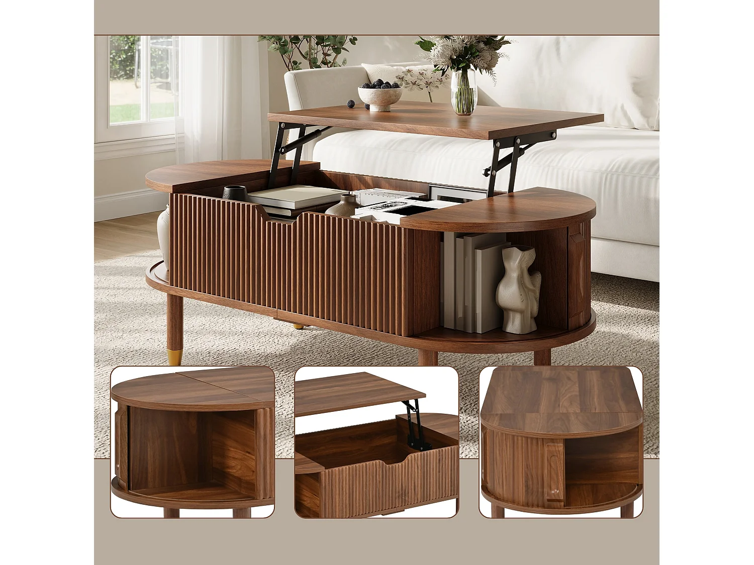 Table basse ovale relevable avec rangement et 2 portes coulissantes