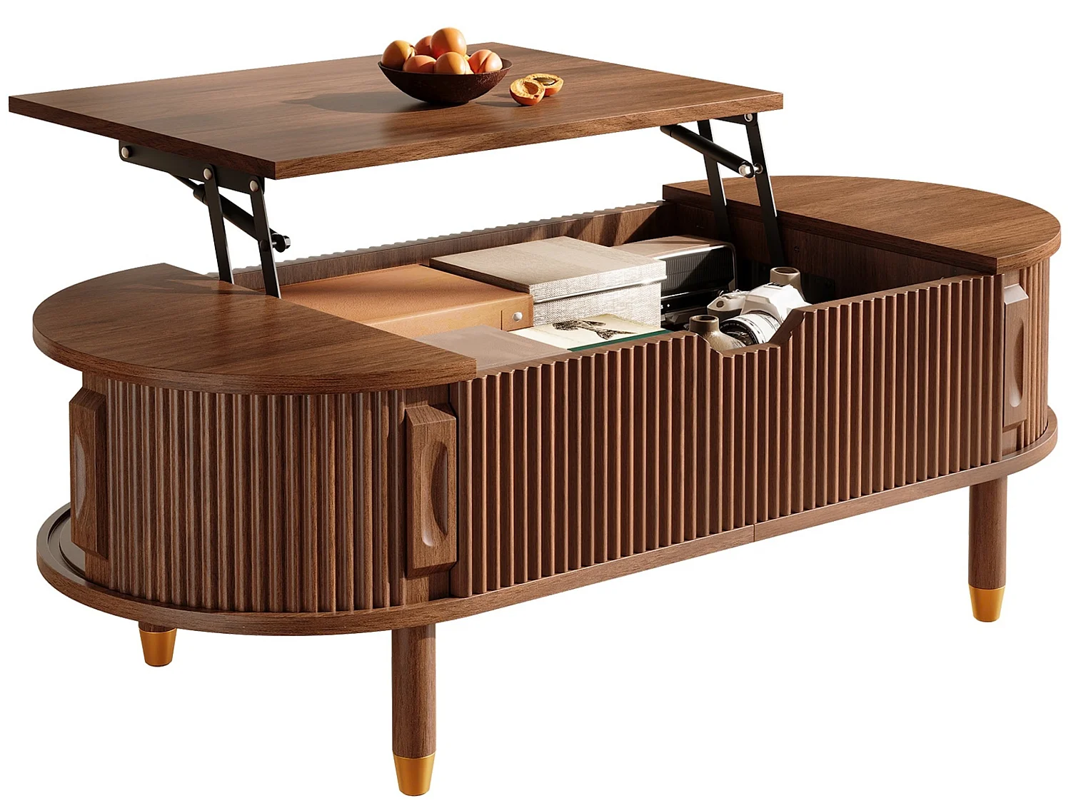 Table basse ovale relevable avec rangement et 2 portes coulissantes