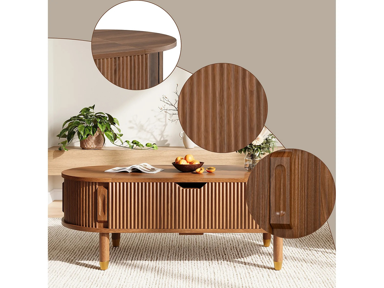 Table basse ovale relevable avec rangement et 2 portes coulissantes
