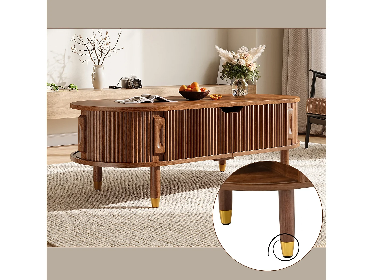 Table basse ovale relevable avec rangement et 2 portes coulissantes