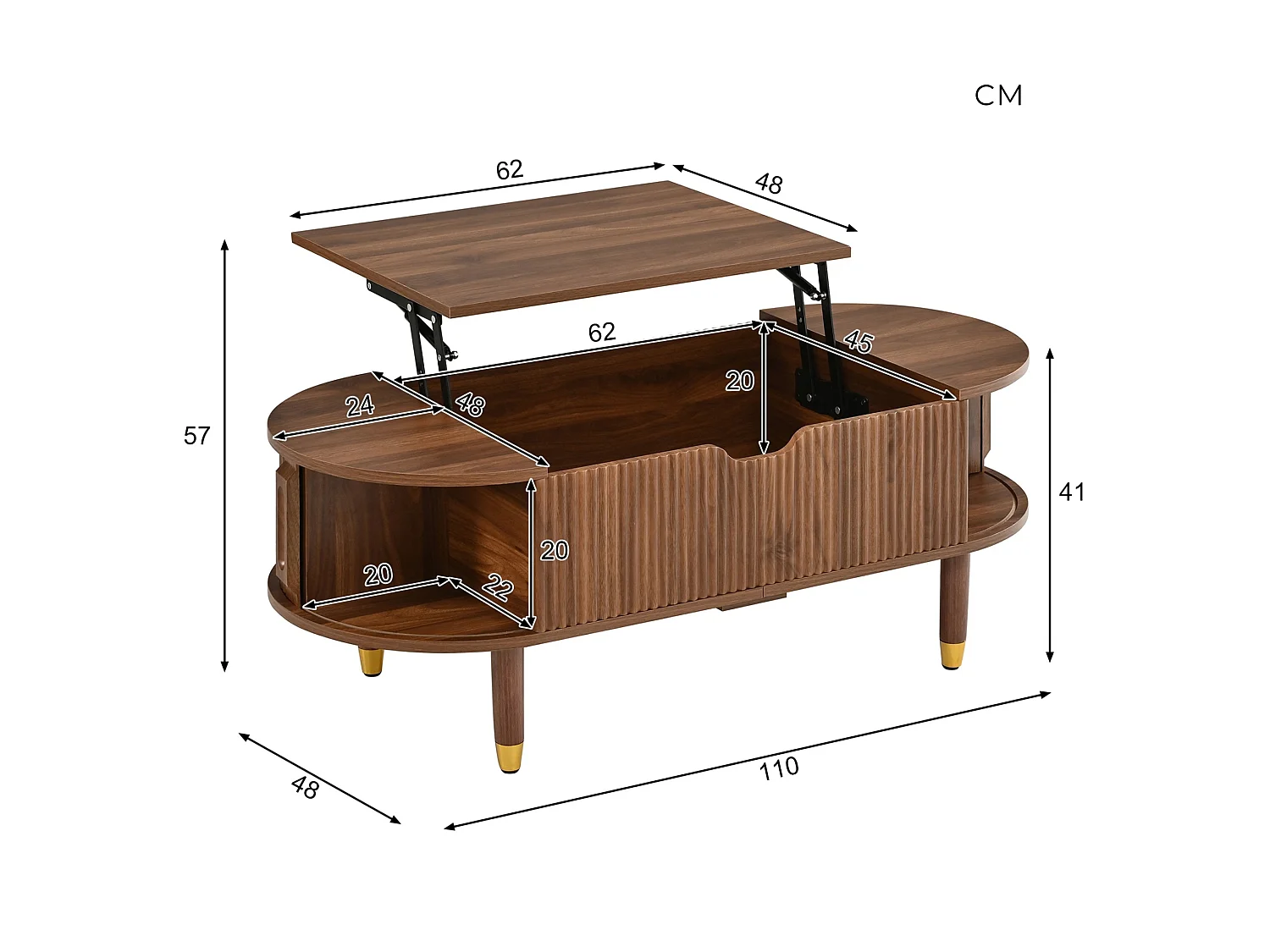 Table basse ovale relevable avec rangement et 2 portes coulissantes