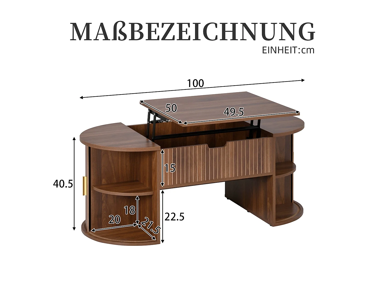 Couchtisch mit anhebbbarer Tischplatte, verborgenem Stauraum und seitlichen Schiebetüren