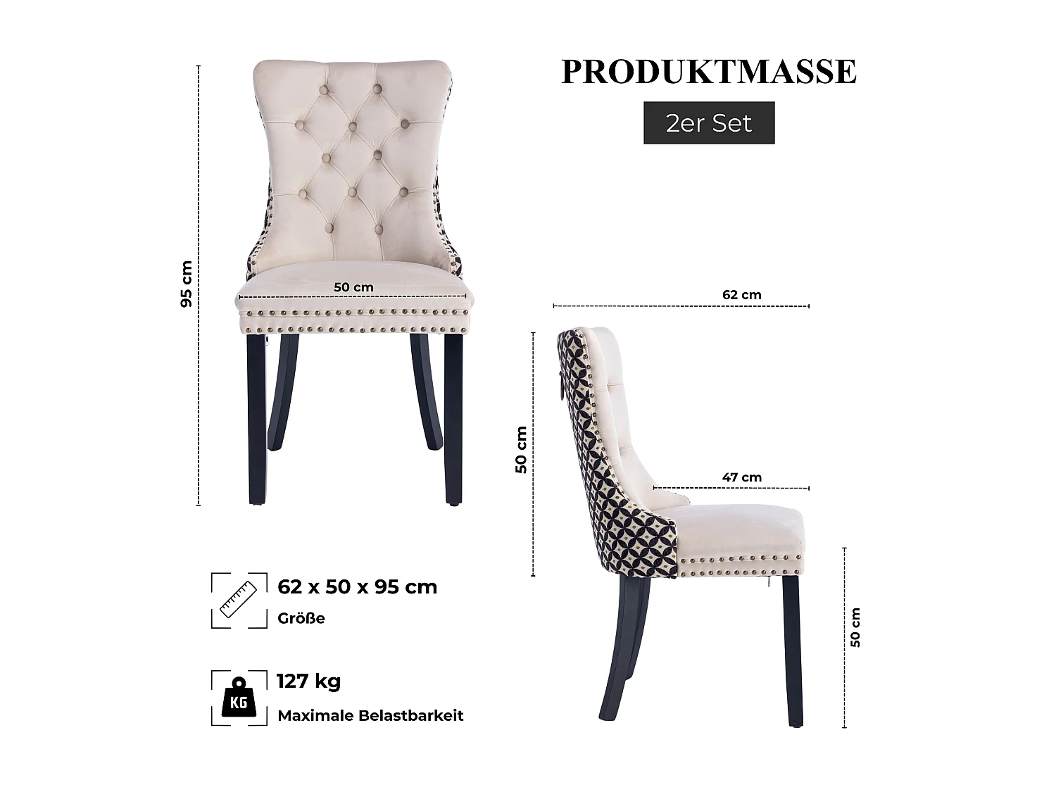 Lot de 2 chaises de salle à manger en velours à dossier haut et pieds en bois massif